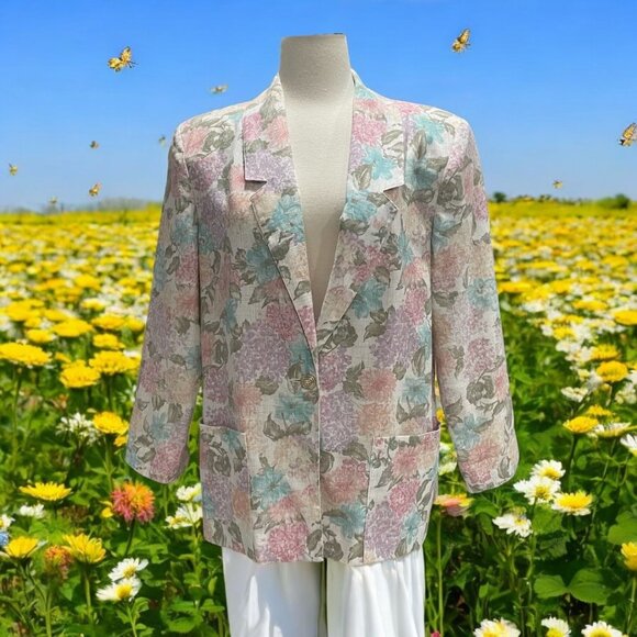 Vintage Block Island Petites Floral Blazer 14 Linen Blend Feminine Elegant Chic - Picture 1 of 12